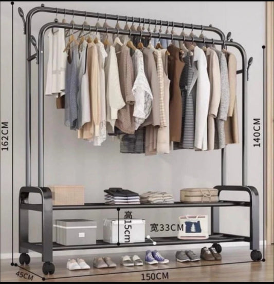 Appendiabiti in Metallo con Doppia Barra e Scaffale Portascarpe – 160x88x40 cm - Milleidee