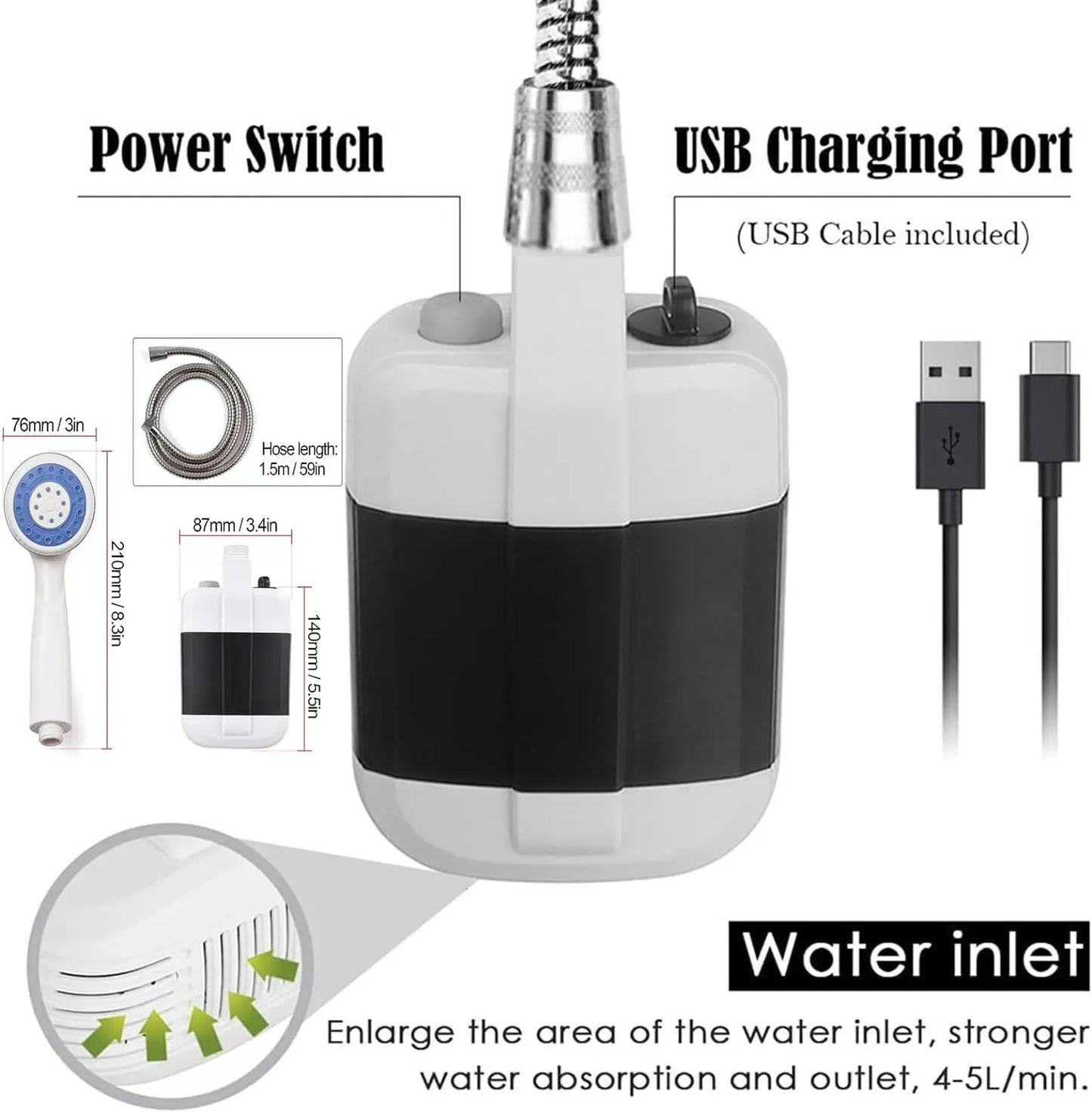 Doccia Portatile Ricaricabile 5V – Ideale per Campeggio, Spiaggia, Animali e Outdoor